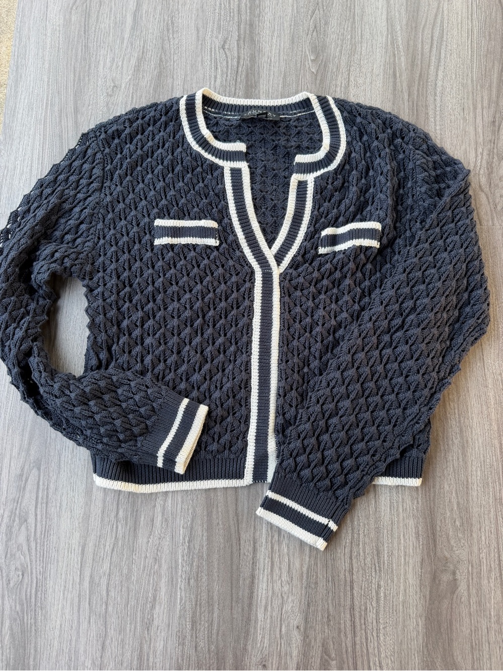 Laundry by Shelli Segal Navy Blue Open Knit Contrast Trim Cardigan Large